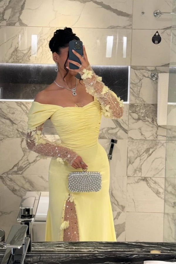 Light Yellow Split Off-The-Shoulder Prom Dress ZT0315