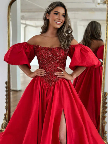 Liana |A-Line Off The Shoulder Taffeta Prom Dress With Short Puffy Sleeves