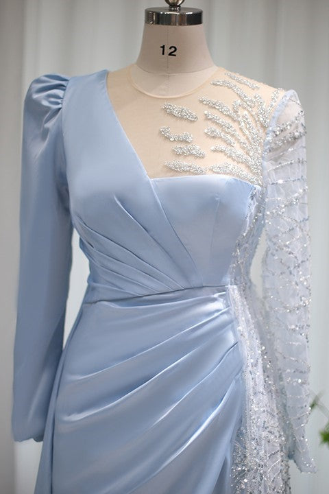 edgynewlook Baby Blue A Line Prom Dress Long Sleeves With Sparkle Sequins Ruffles