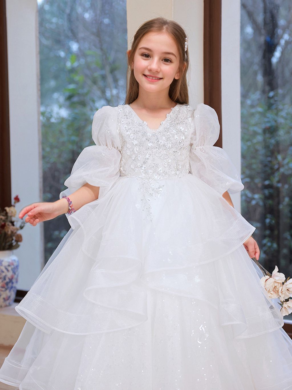 V-Neck 3/4 Sleeves A-Line/Princess Flower Girl Dress with Rhinestone Appliques