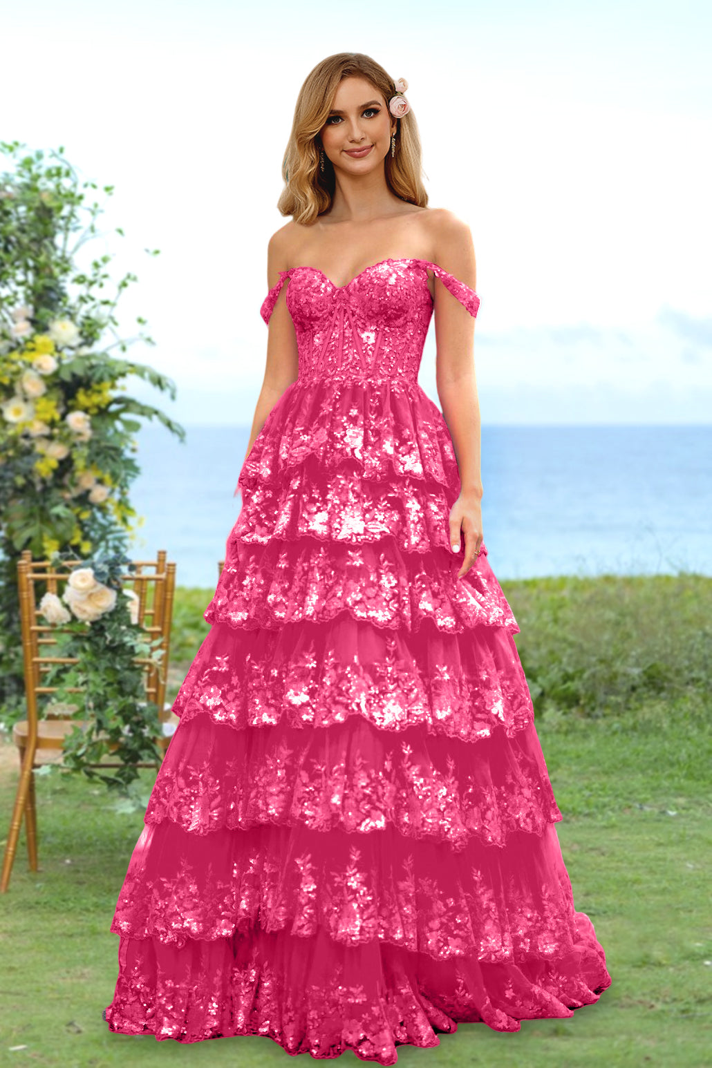 A-Line/Princess Sweetheart Off-the-Shoulder Long Prom Evening Party Floral Dresses with Sequins & Ruffles