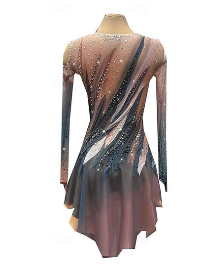 Coffee Figure Skating Dress Wear Women's Girls' Long Sleeve Ice Skating Dress