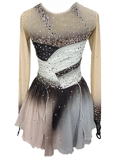 Figure Skating Dress Women's Girls' Ice Skating Dress Grey Patchwork Thumbhole Mesh Spandex Stretchy Training Practice Professional Skating Wear Crystal / Rhinestone Long Sleeve Figure Skating