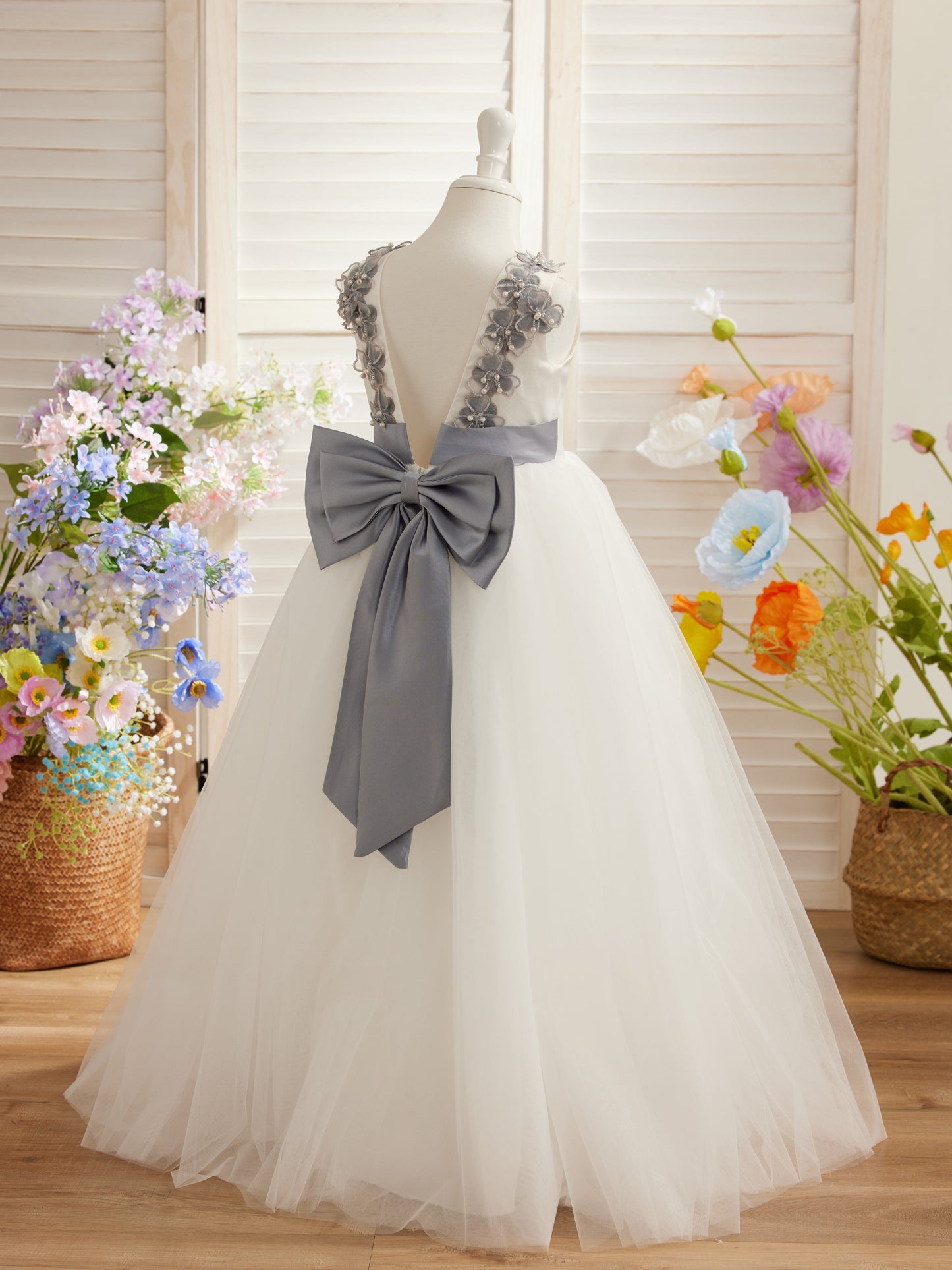 Ball-Gown/Princess 3d Flower Tulle Floor-length Ivory Flower Girl Dress