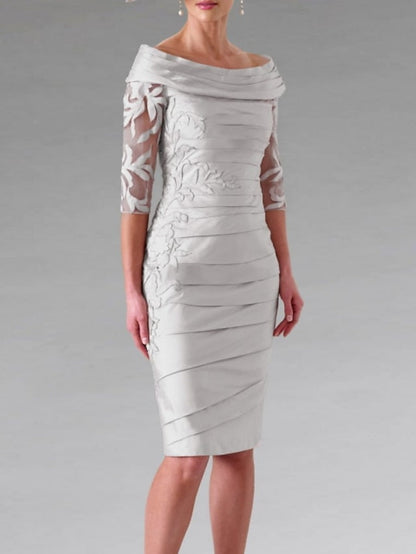 Sheath/Column Scoop Half Sleeves Knee-Length Mother of the Bride Dresses with Appliques Ruching