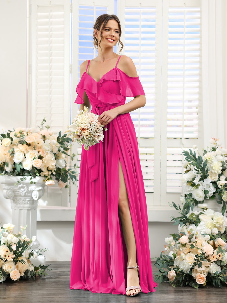 A-Line/Princess V-Neck Spaghetti Straps Floor-Length Bridesmaid Dresses with Pockets