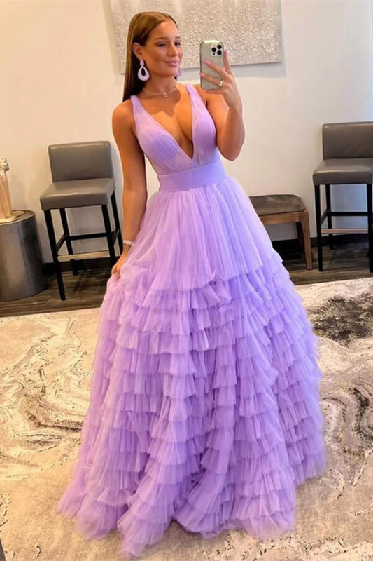 Elegant Lilac V-Neck Tulle layers Prom Dress With Sleeveless Online ED0193