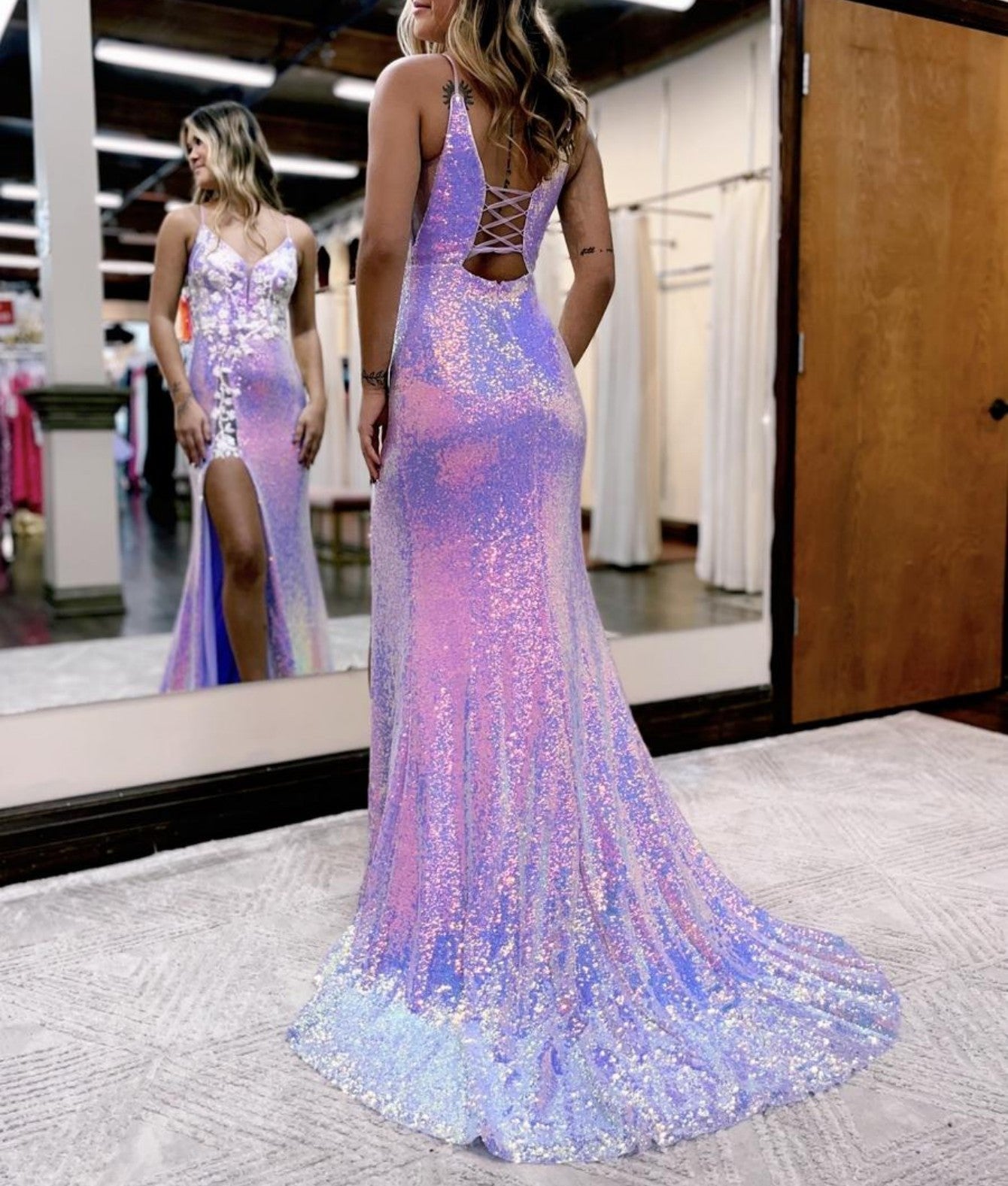 Mermaid Glitter Lavender Floral Long Prom Dress with Slit