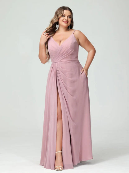 A-Line/Princess/Princess Spaghetti Straps Sleeveless Chiffon Plus Size Bridesmaid Dresses with Pockets & Split Side