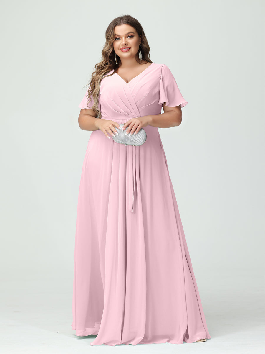 A-Line/Princess V-Neck Short Sleeves Plus Size Bridesmaid Dresses with Pockets Belt & Split Side