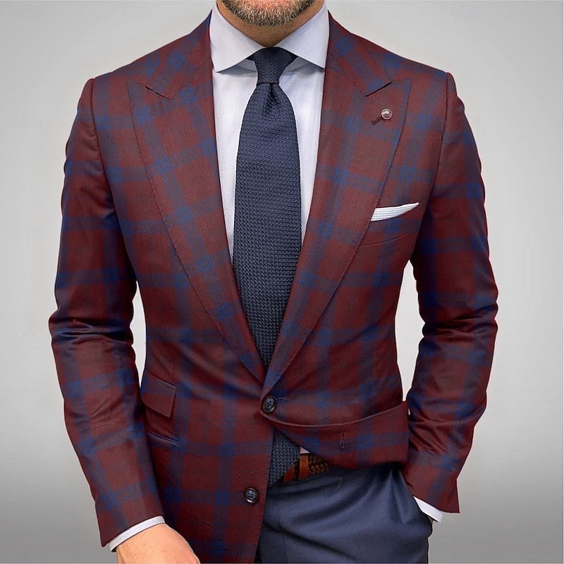 Men's Outdoor Tailored Single Breasted Two-buttons Plaid Checkered Blazer