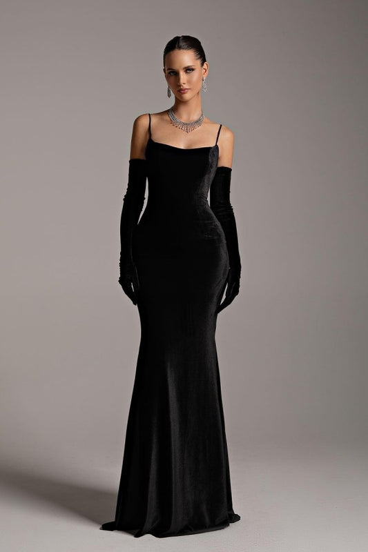 Black Velvet Long Gloves Spaghetti Straps Prom Dress ZT0257