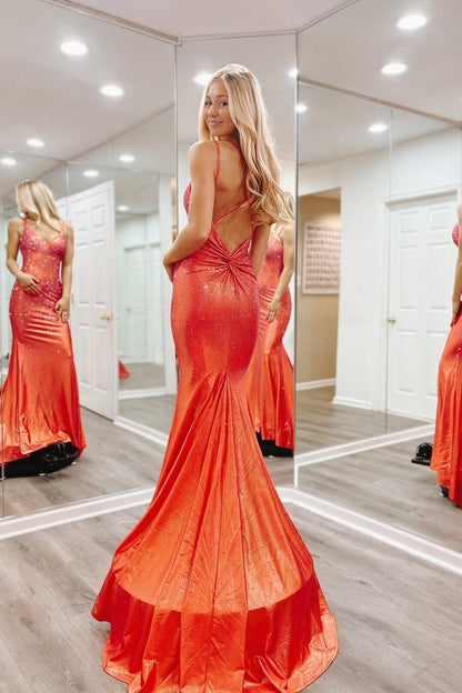 edgynewlook Shinning Orange Spaghtti Strap Sleeveless V Neck Mermaid Prom Dress with Beadings