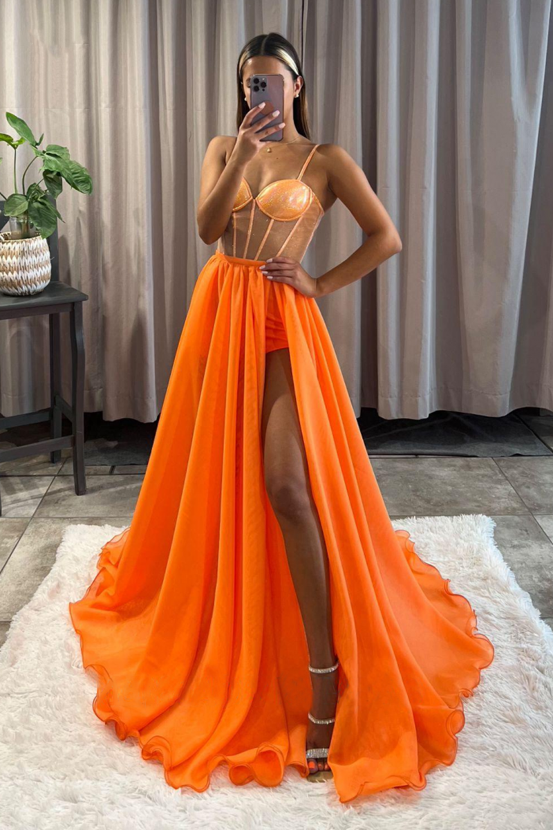 Orange A Line Spaghetti Straps High Split Long Prom Dress YL0016