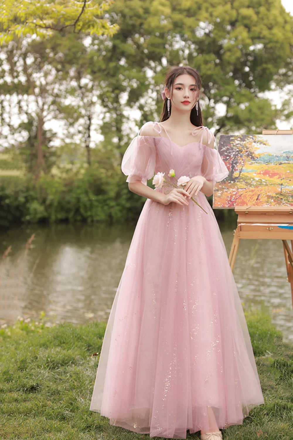 Pink Tulle Long A-Line Ball Gown Evening Gown Bridesmaid Dresses 8869