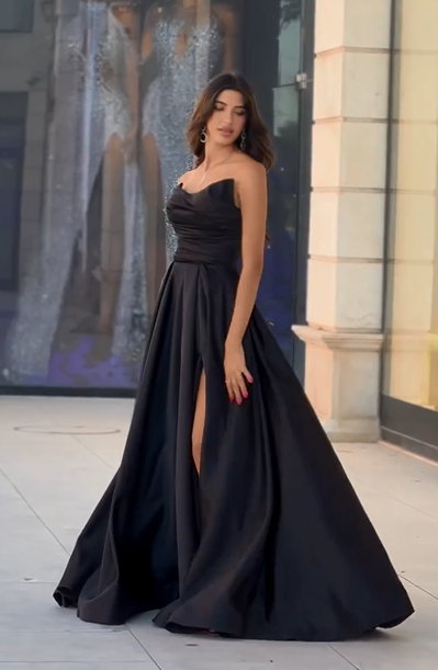 Beautiful Prom Dress Black Sleeveless Strapless Christmas Sale With Slit Gown YL0319