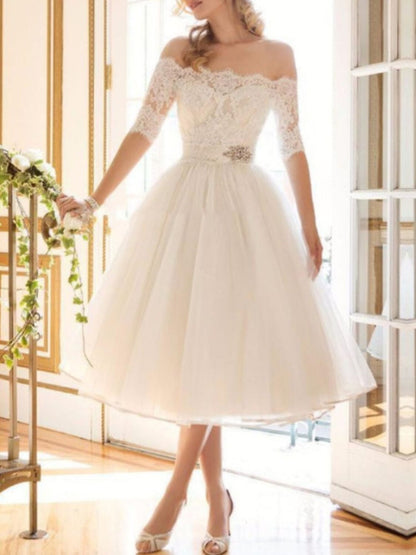 A-Line/Princess Lace Tulle Off-the-shoulder Half Sleeves Tea Length Appliques Wedding Dress