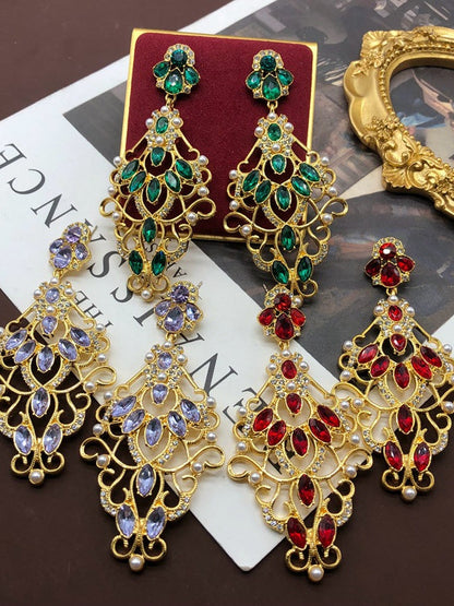 Hollow Carved Pattern Gemstones Light Luxury Gold-plated Shoulder-sweep Earrings