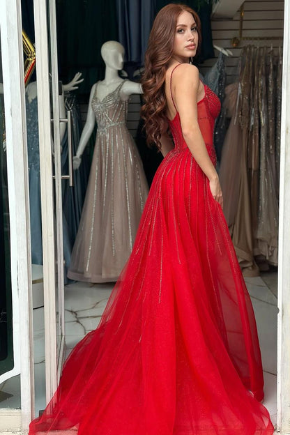 edgynewlook Elegant Red Sequins Spaghtti Strap Sleeveless Sweetheart Prom Dress with Detachable Train