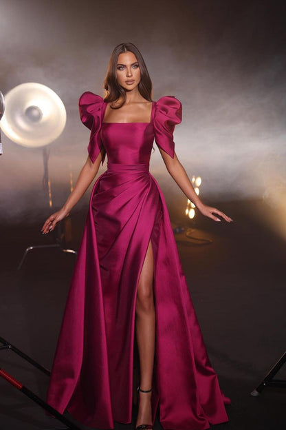 edgynewlook Beautiful Fuchsia Satin Puff Short Sleeves Square Neck Prom Dress with Split