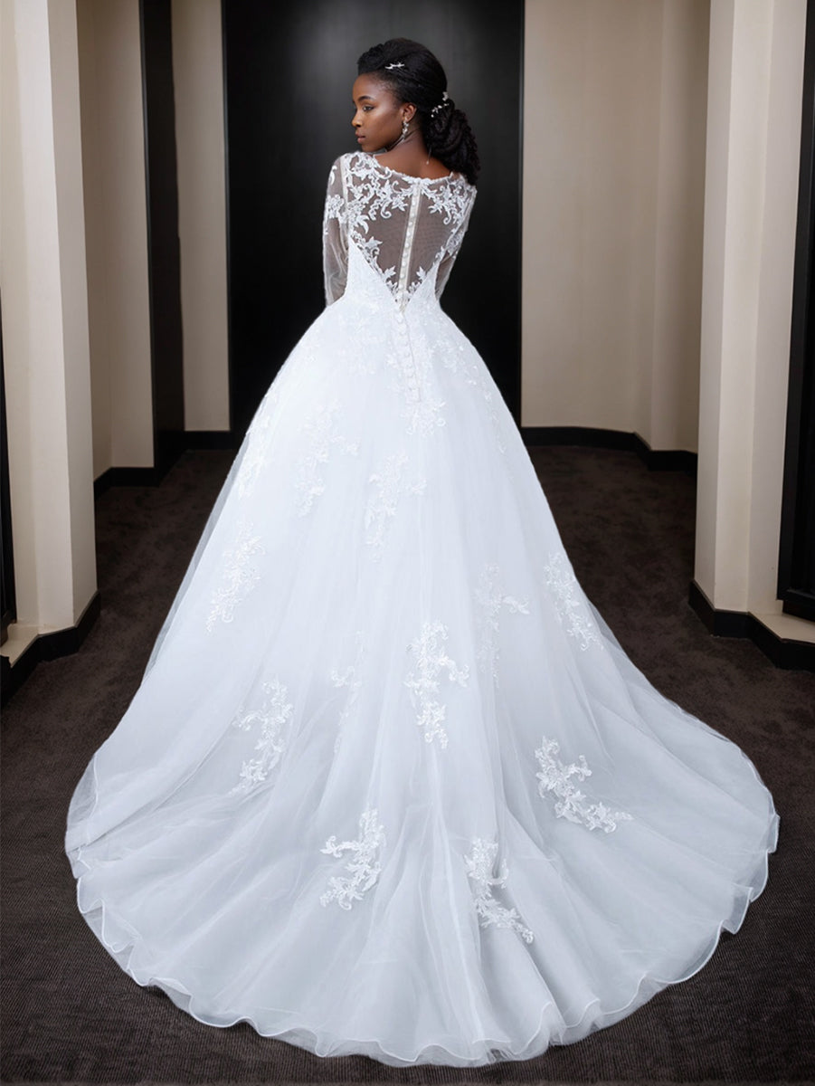 A-Line/Princess Tulle Sheer Neck Long Sleeves Wedding Dresses with Lace Appliques