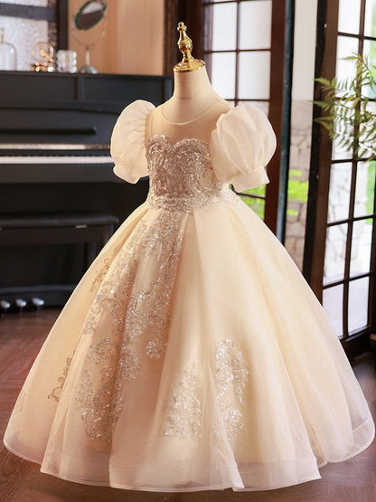 Ball Gown Short Sleeves Flower Girl Party Dresses with Rhinestone Appliques