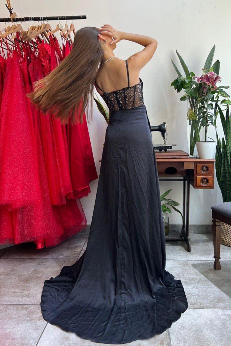 Black Long Prom Dress with Slit V-Neck With Pleats YL0018