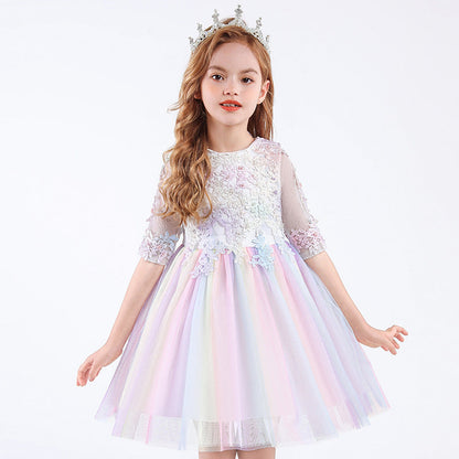 Ball Gown Scoop Neck Half Sleeves Tulle Flower Girl Dress with Appliques & Bow