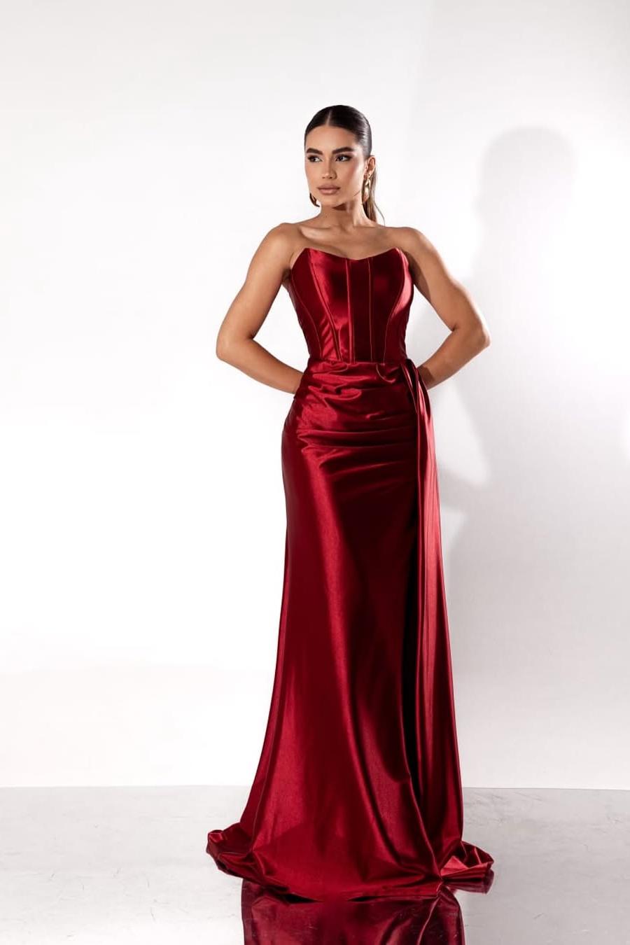 edgynewlook Beautiful Burgundy Satin Sleeveless Strapless Long Pleated Prom Dress with Split