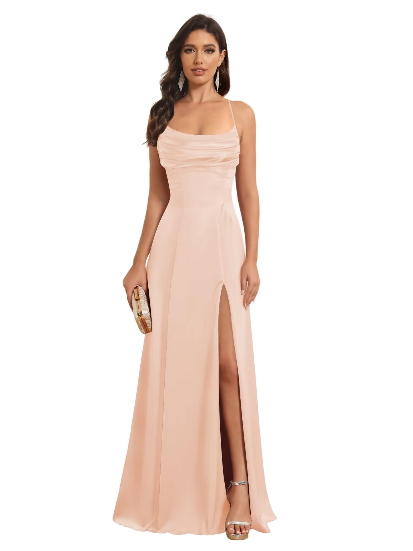 A-Line Spaghetti Straps Sleeveless Floor Length Bridesmaid Dresses Satin With Split Slide