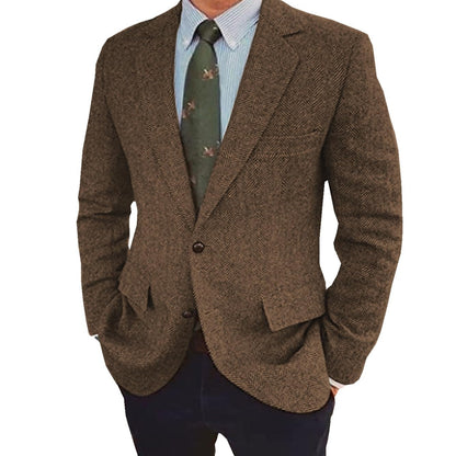 Men's Tweed Herringbone  Retro Vintage  Winter Regular Plus Size Single-Breasted Two-buttons Jacket Blazer