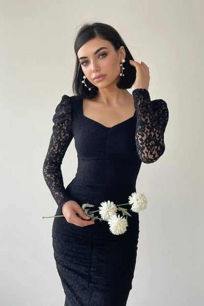 Black Slim Fit Lace Long Sleeves Prom Dress ZT0312