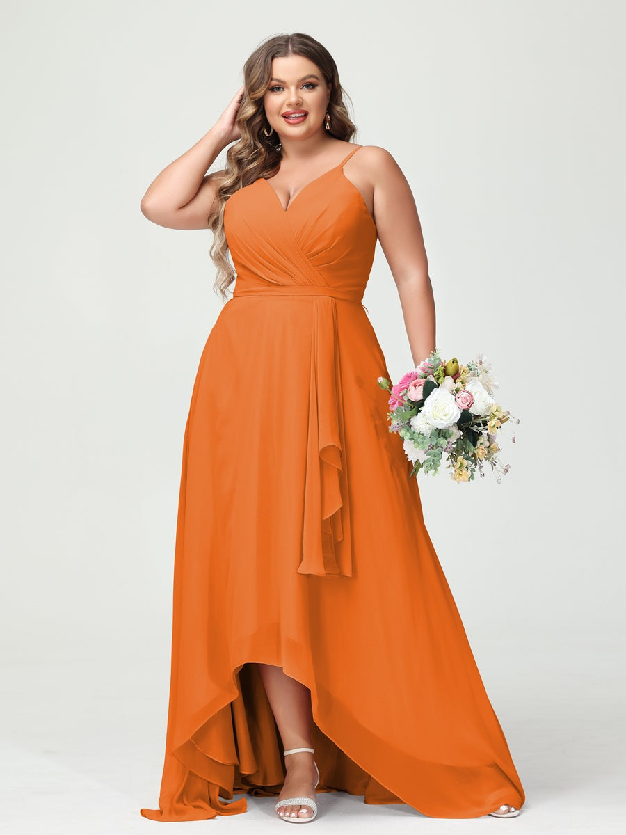 A-Line/Princess Spaghetti Straps Chiffon Ruffles Asymmetrical Plus Size Bridesmaid Dresses with Pockets