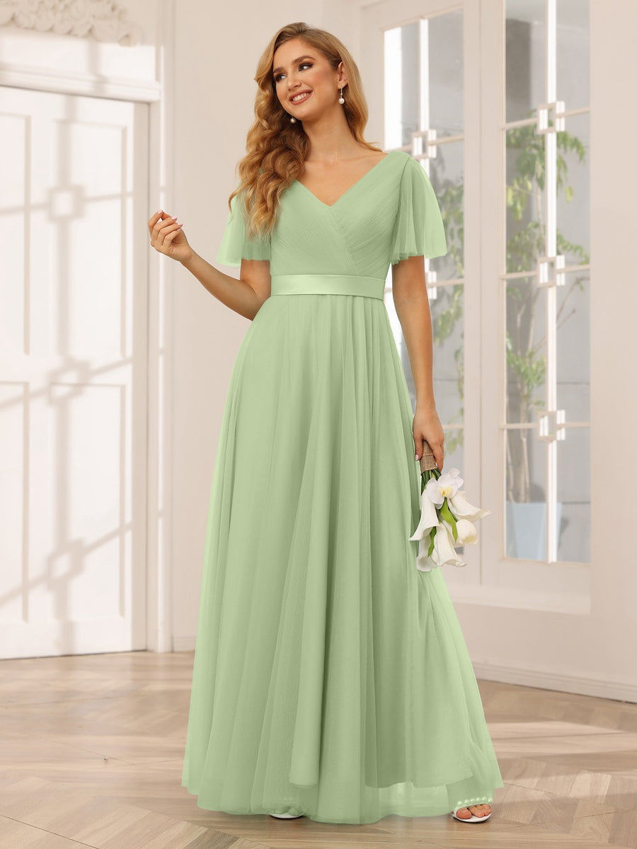 A-Line/Princess V-Neck Short Sleeves Floor-Length Long Bridesmaid Dresses with Lace