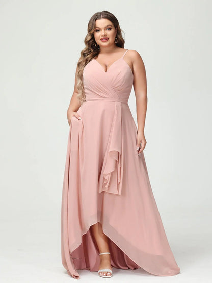 A-Line/Princess Spaghetti Straps Chiffon Ruffles Asymmetrical Plus Size Bridesmaid Dresses with Pockets