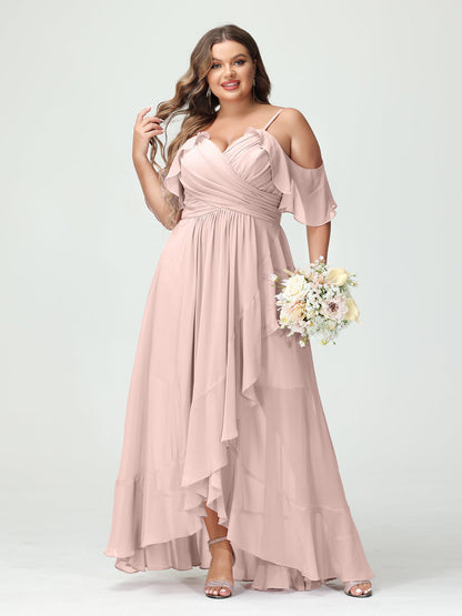 A-Line/Princess/Princess Spaghetti Straps V-Neck Short Sleeves Chiffon Asymmetrical Plus Size Bridesmaid Dresses with Ruffles