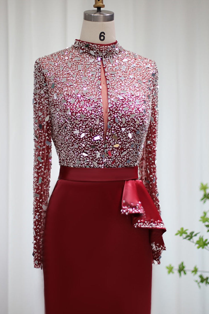 Edgynewlook Red Jewel Neck Mermaid Prom Dress Long Sleeves With Sparkle Sequins