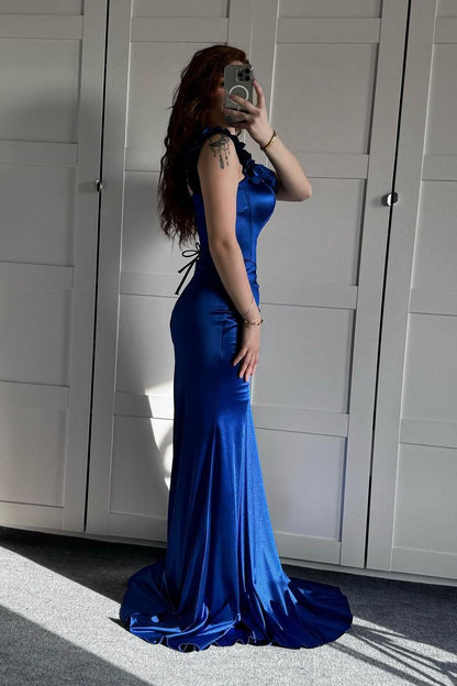 edgynewlook Stunning Royal Blue Satin Off the Shoulder Sleeveless Long Prom Dress with Pleated