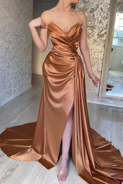 edgynewlook Chic Champagne Satin Strapless Sleeveless Long Pleated Prom Dress with Split