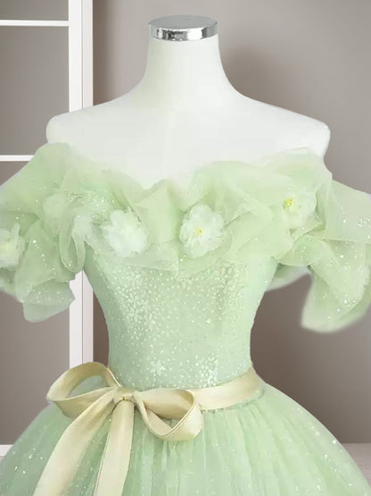 A-Line/Princess Green Sweetheart Sleeveless Floor-Length Evening Dresses with Flower & Bow