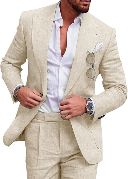 Men's Tailored Fit Single Breasted Two-buttons 2 Pieces Solid Colored Linen Suits