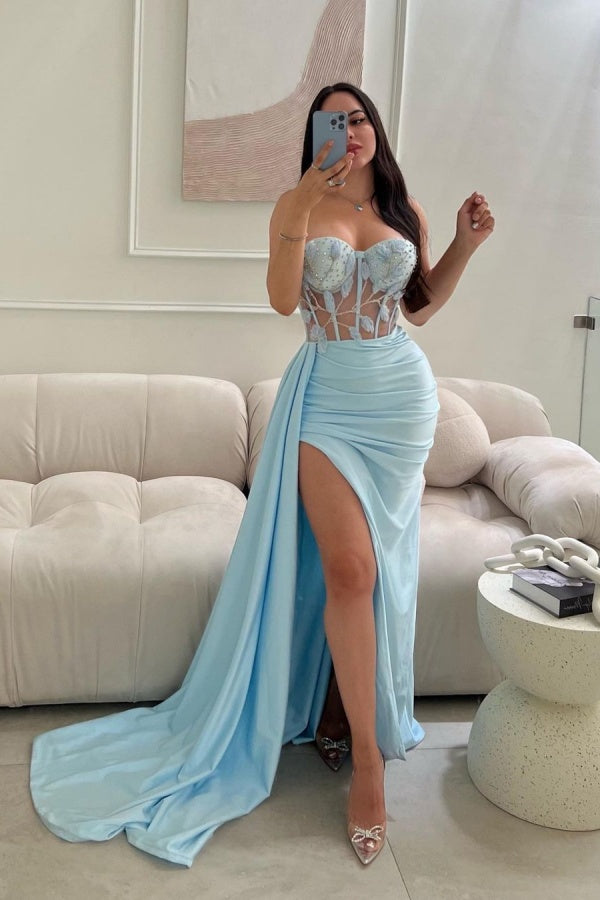 Baby Blue Sleeveless Prom Dress Long Lace Beaded Split YH0022