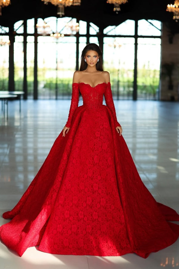 edgynewlook Red Strapless A-Line Beads Prom Dress Long Sleeves with Lace Appliques