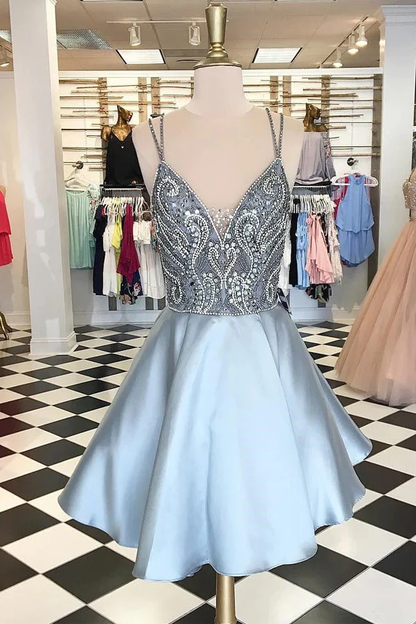 Backless Spaghetti Straps Rhinestone Short Homecoming Dress gh1738