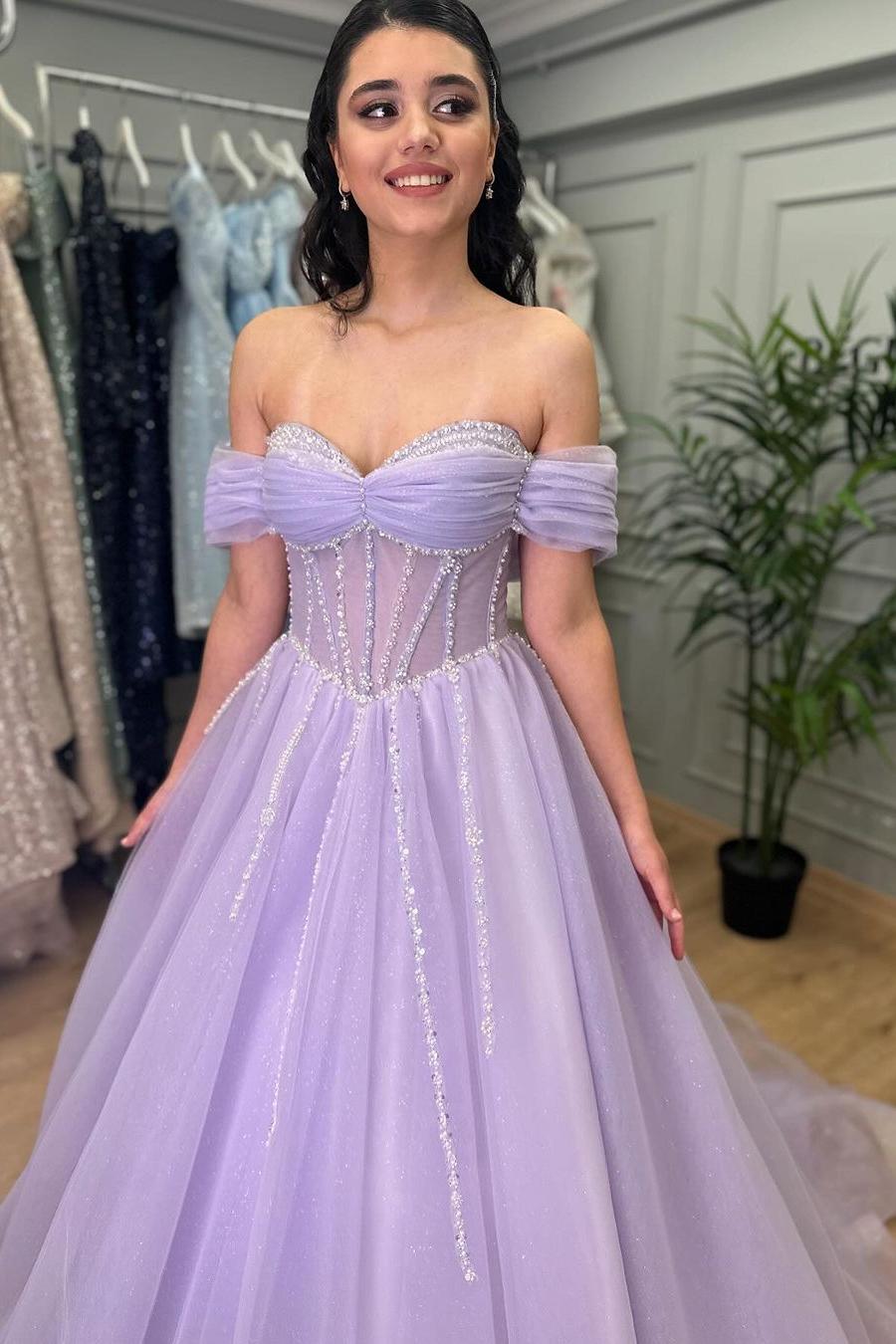 edgynewlook Exquisite Purple Tulle Off the Shoulder Strapless Prom Dress with Rhinestone