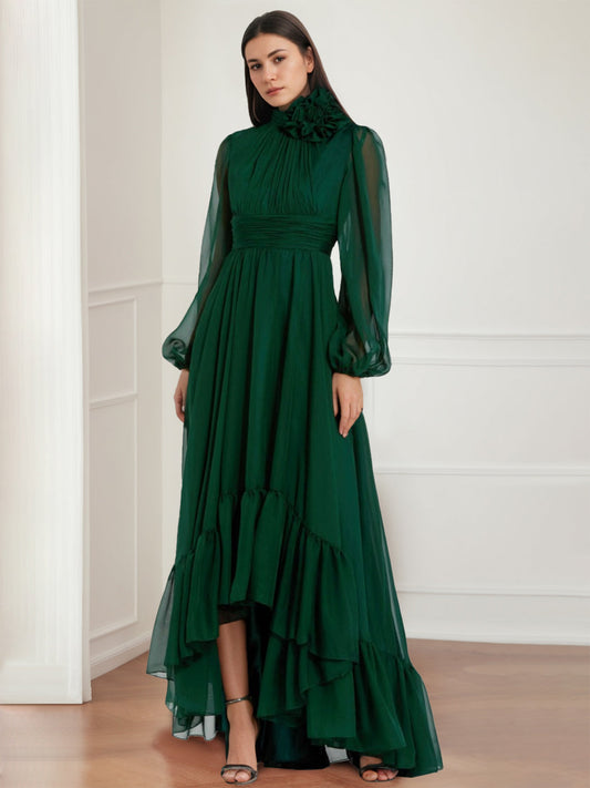 A-Line/Princess Jewel Neck Long Sleeves Asymmetrical Mother of the Bride Dresses with Flower & Ruffles