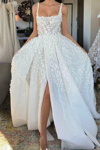 White fantasy square neck slit lace applique long tulle backless bridal gown wedding dress gh2404