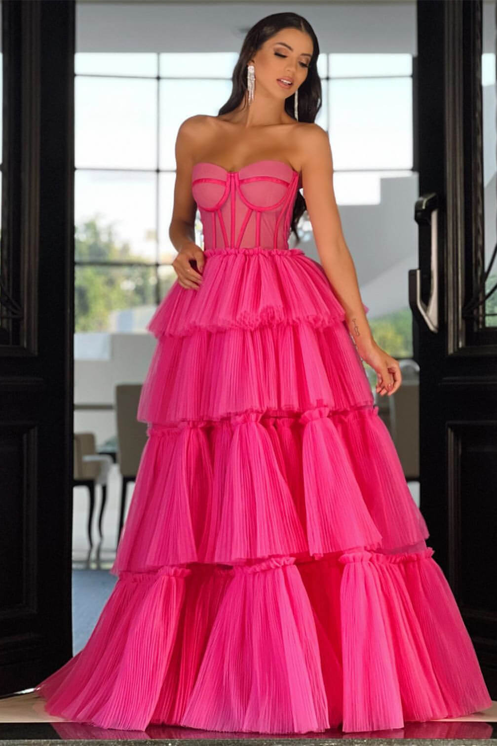 Elegant Hot Pink Sweetheart Prom Dress Long Sleeveless Layers ED0155