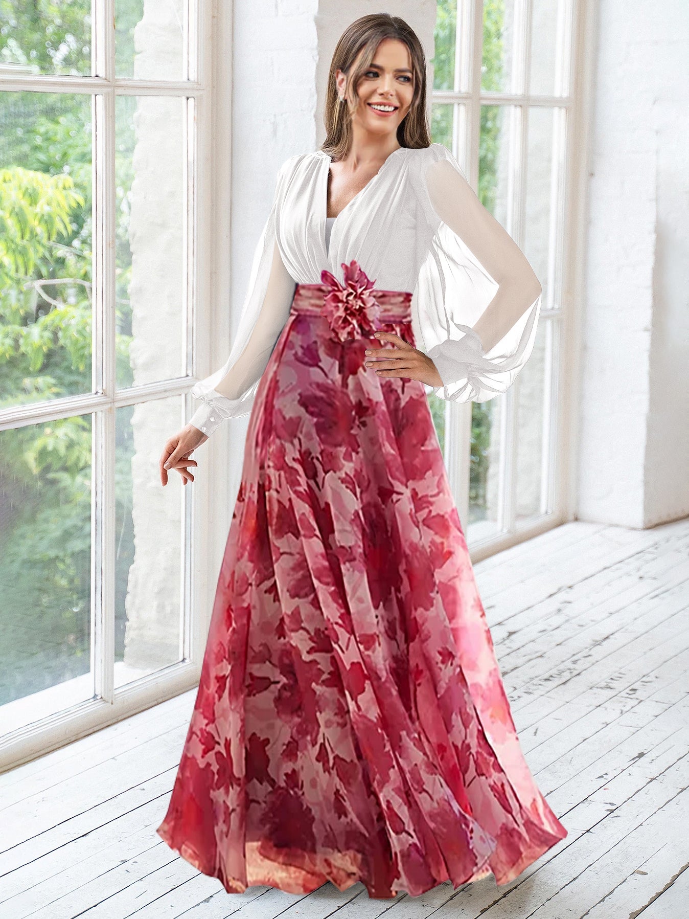 A Line/Princess V-Neck Long Sleeves Floor Length Floral Plus Size Mother of the Bride Dresses With Flower