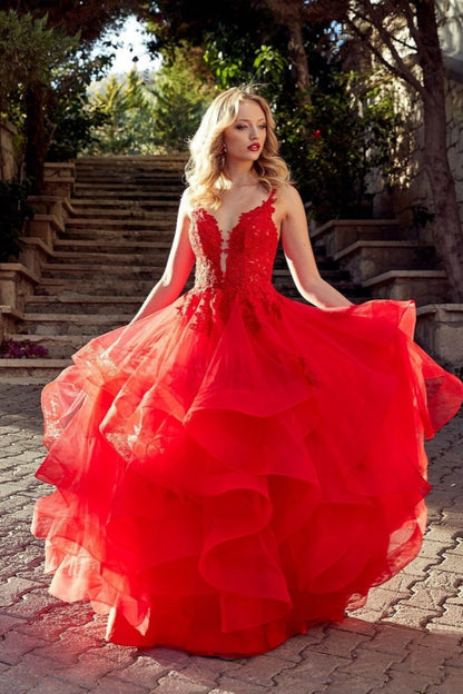 edgynewlook Red V-Neck Tulle Long Prom Dress Sleeveless